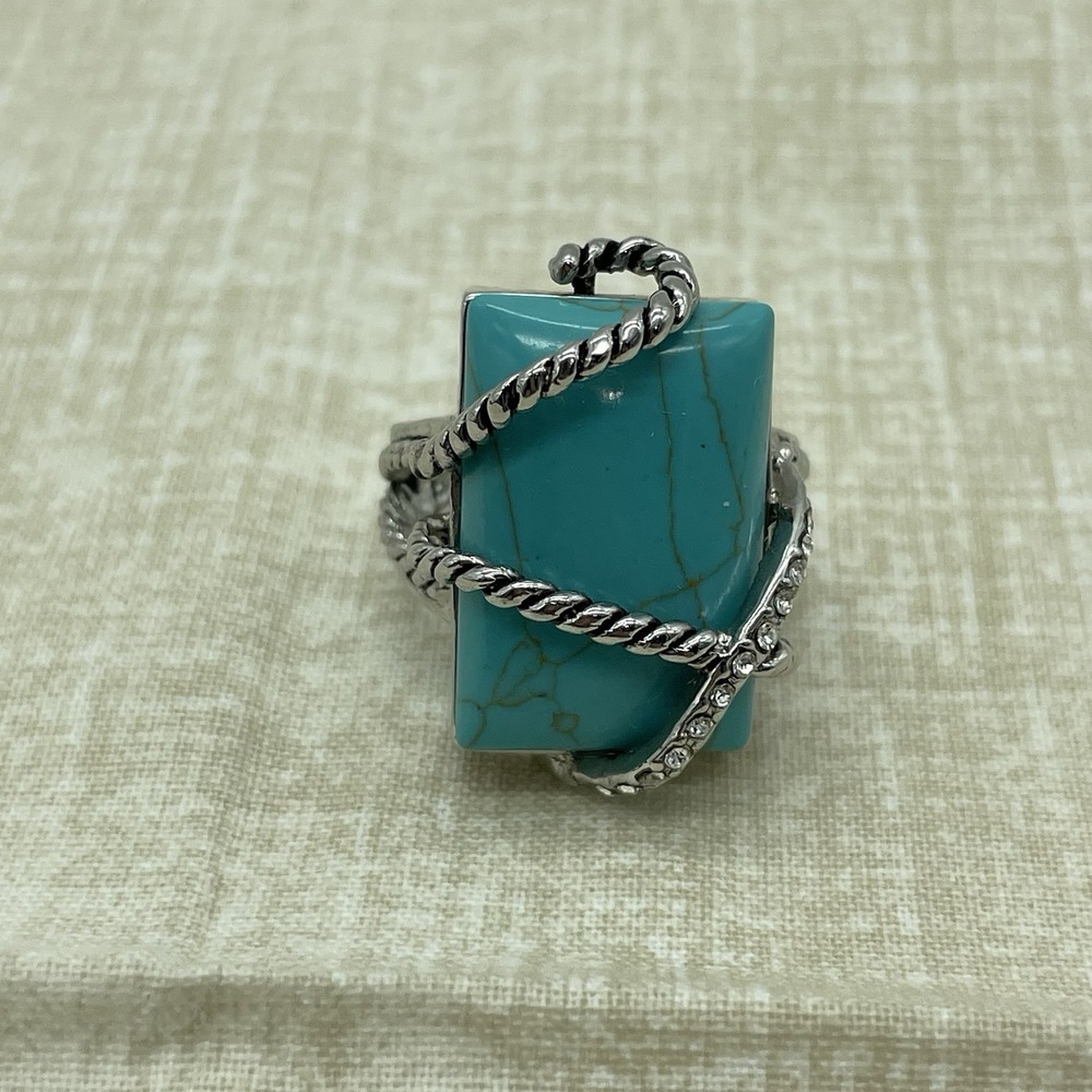 Western Boho Faux Turquoise Ring Size 8 Silver Tone Southwest Nautical Festival - Picture 2 of 9